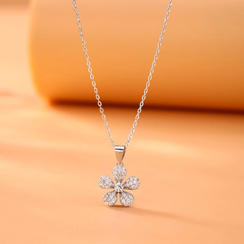 High Quality 925 Sterling Silver Flower Birthstone Full Diamond Pendant Necklace Jewelry for Women