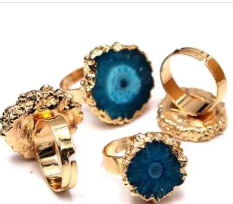 Hot Selling Fashion Gemstone Crystal Gold Ring High Quality Sunflower Gold Ring Inlay Druzy Agate Ring