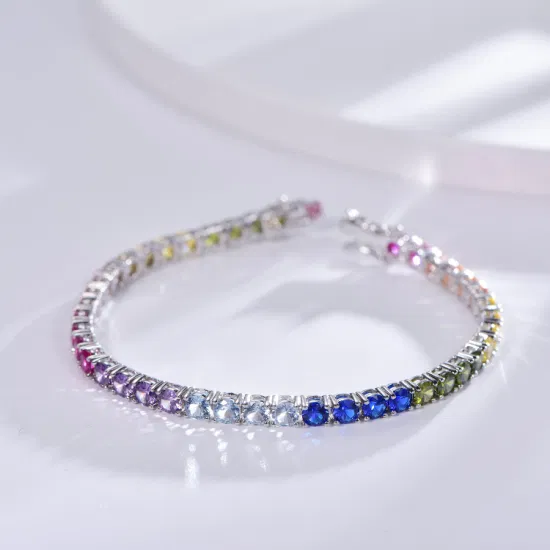 925 Silver Tennis Bracelet Women′s 4mm Cubic Zirconia Round Rainbow 925 Sterling Silver CZ Tennis Bracelet