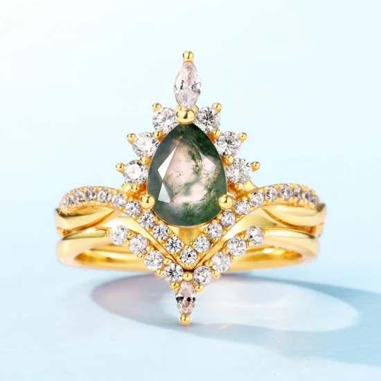 Fashion Jewelry Sterling Silver Jewellery Gold Plated Moss Agate CZ Semi