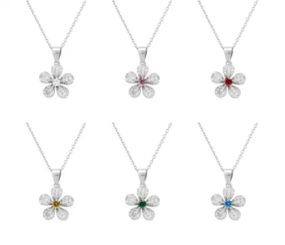 High Quality 925 Sterling Silver Flower Birthstone Full Diamond Pendant Necklace Jewelry for Women